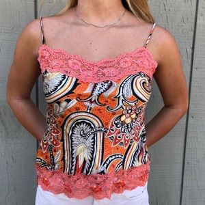 Y2K print lace trim cami with an abstract paisley  print